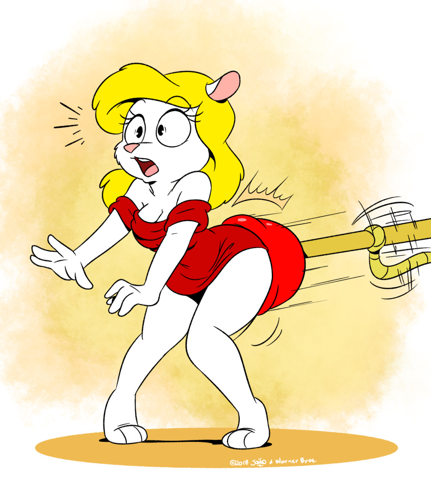 animaniacs anthro breasts cleavage clothed clothing female hair hi_res joaoppereiraus mammal minerva_mink mink mustelid musteline plunger solo warner_brothers
