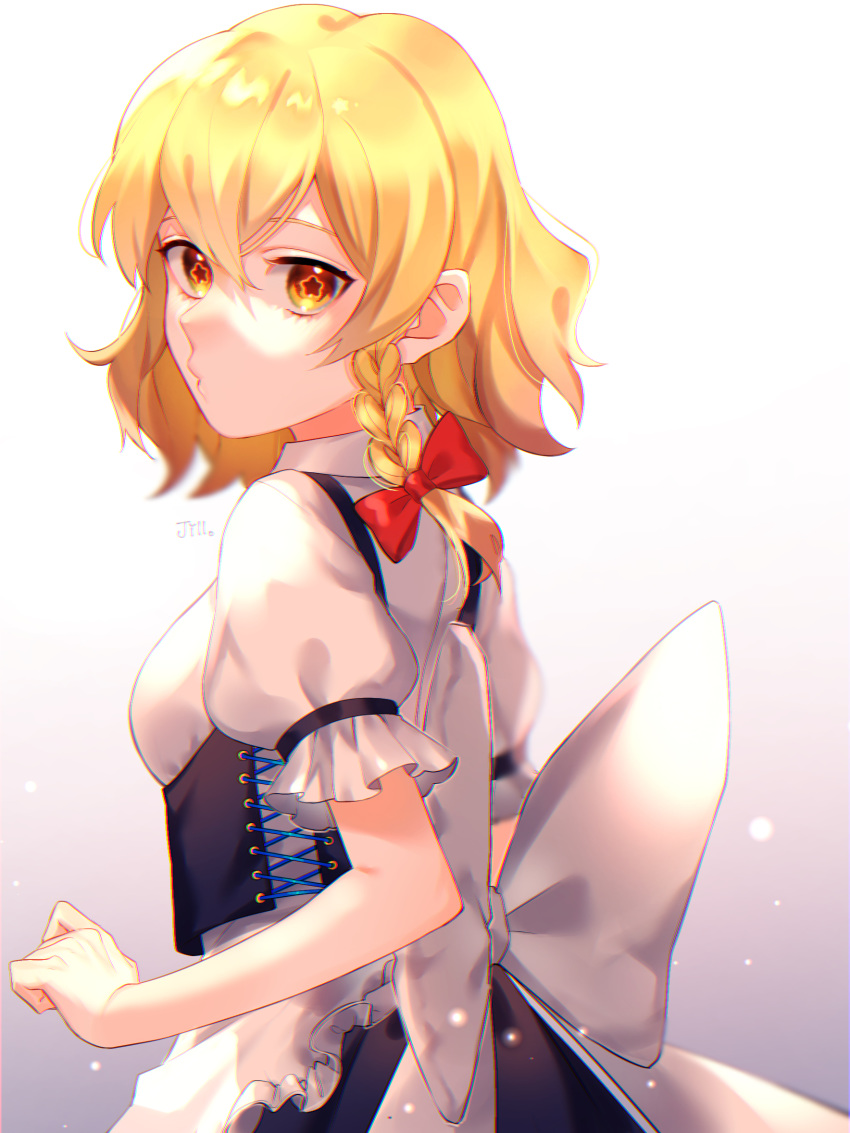 1girl apron artist_name blonde_hair bow braid gradient gradient_background hair_bow highres jill_07km kirisame_marisa large_bow looking_back no_hat no_headwear o3o short_sleeves single_braid solo star-shaped_pupils star_(symbol) symbol-shaped_pupils touhou upper_body waist_apron waist_bow yellow_eyes