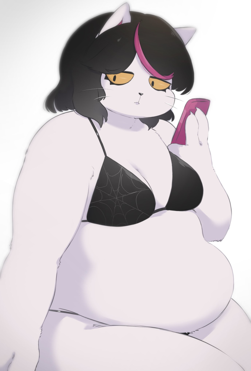 anthro belly bikini black_hair breasts catti_(deltarune) claws clothed clothing deltarune domestic_cat eyeliner felid feline felis female frown fur hair half-closed_eyes hi_res highlights_(coloring) holding_object holding_phone makeup mammal narrowed_eyes overweight overweight_female phone pink_highlights portrait simple_background sitting skimpy solo swimwear three-quarter_portrait three-quarter_view underchikichan video_games whiskers white_body white_fur wide_hips yellow_sclera