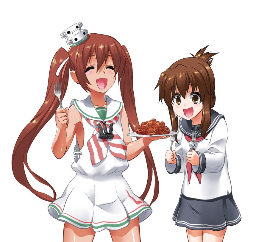 2girls anchor_symbol black_skirt brown_eyes brown_hair byeontae_jagga closed_eyes collarbone cowboy_shot dress eyebrows_visible_through_hair fang folded_ponytail food fork holding holding_fork holding_plate inazuma_(kantai_collection) kantai_collection libeccio_(kantai_collection) long_sleeves meatball multiple_girls neckerchief open_mouth pasta plate red_neckwear sailor_dress school_uniform serafuku shirt sidelocks simple_background skirt sleeveless sleeveless_dress smile spaghetti spaghetti_and_meatballs striped striped_neckwear twintails white_background white_shirt