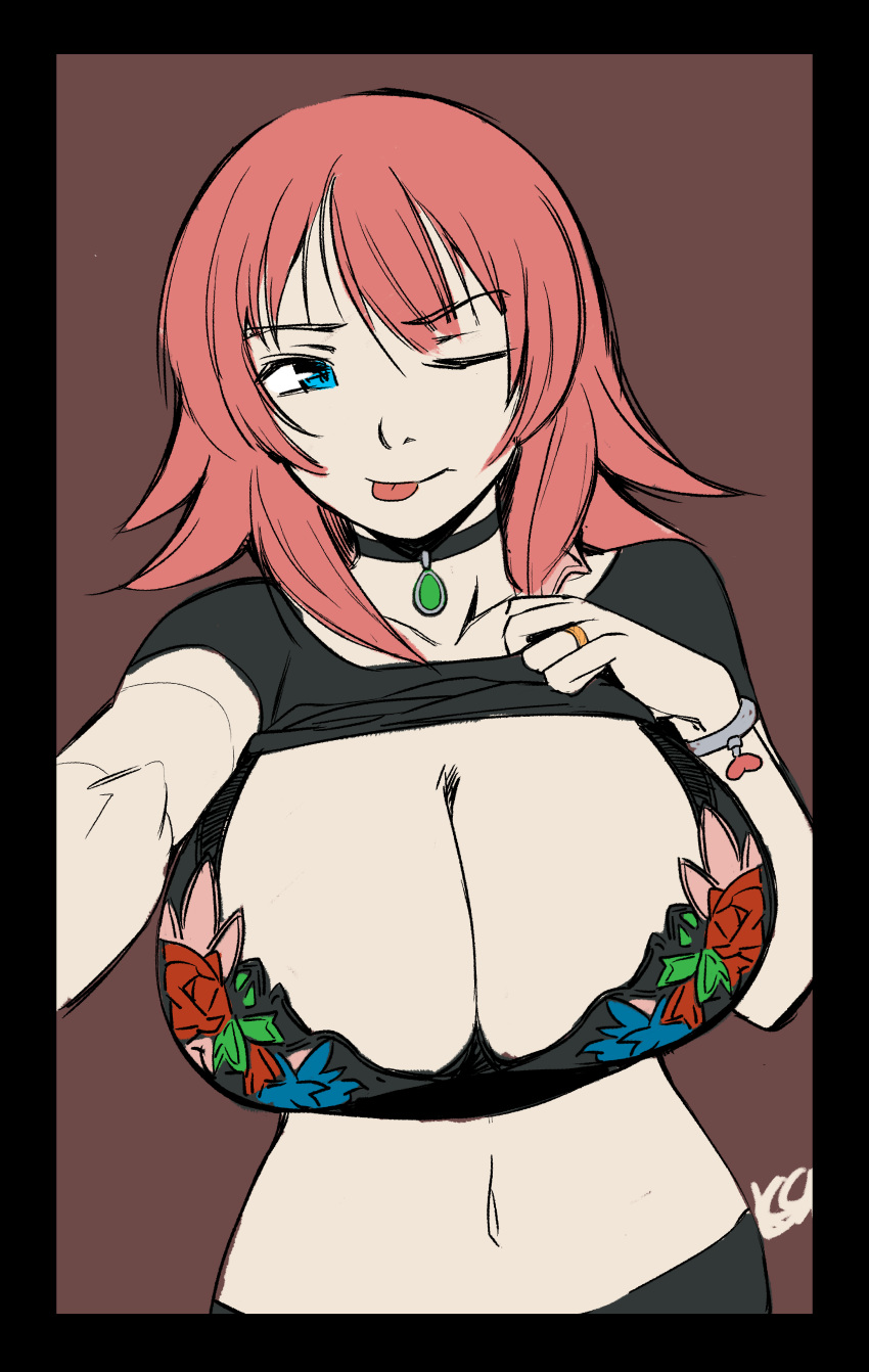 1girl ;p absurdres black_border black_bra black_shirt blue_eyes border bra bracelet breasts choker cleavage gem highres huge_breasts jewelry kiririn51 midriff multicolored multicolored_bra multicolored_clothes n1rv_ann-a navel one_eye_closed outstretched_arm reaching_out red_hair ring sam_(n1rv_ann-a) self_shot shirt shirt_lift solo t-shirt tongue tongue_out underwear wedding_band