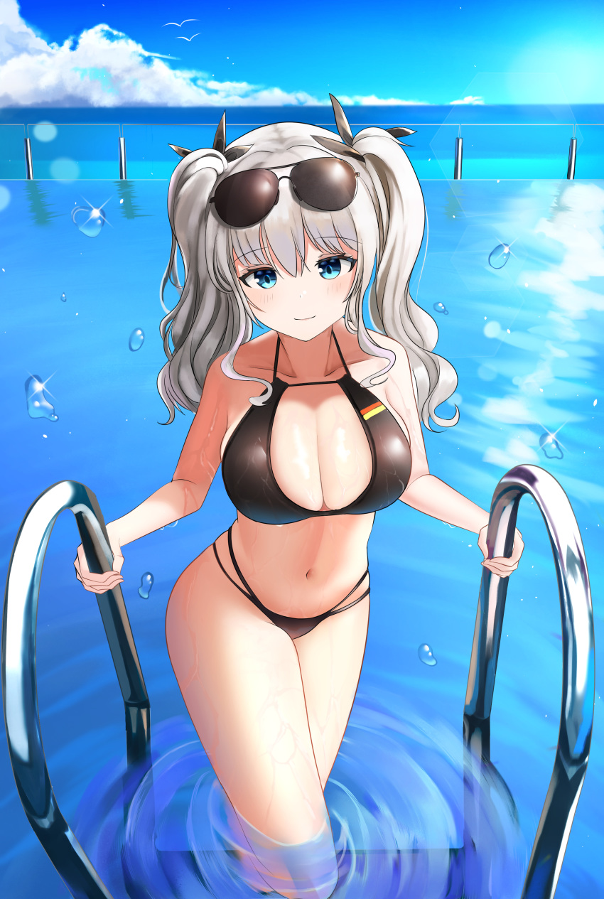 1girl absurdres armpits arms_up bikini black_bikini blue_eyes breasts cleavage collarbone cowboy_shot cropped_legs front-tie_top groin highres kantai_collection kashima_(kantai_collection) large_breasts lemontea_(ekvr5838) navel side-tie_bikini sidelocks silver_hair simple_background solo swimsuit twintails twitter_username undressing wavy_hair white_background wide_hips