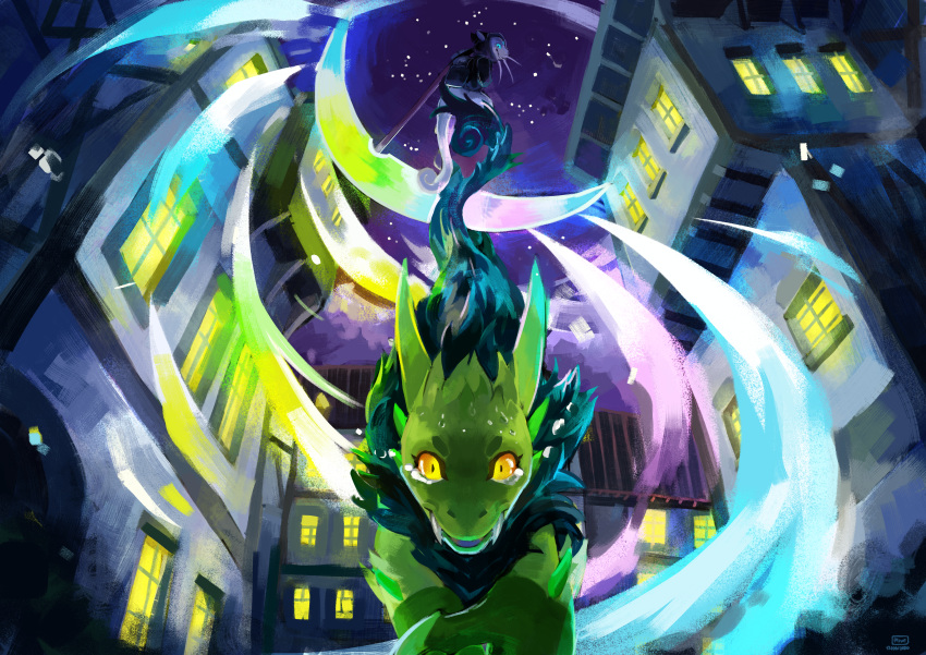 2020 absurd_res bodily_fluids building city claws clothed clothing crying detailed_background digital_media_(artwork) digital_painting_(artwork) duo emerald_dragon feral fur glowing glowing_eyes green_body green_hair hair hi_res holding_object horn house lunarthunderstorm maka melee_weapon neck_tuft night nintendo open_mouth outside persian_(pok&eacute;mon) plive pok&eacute;mon pok&eacute;mon_(species) polearm retter scythe sky smile sweat tears tuft video_games weapon whiskers