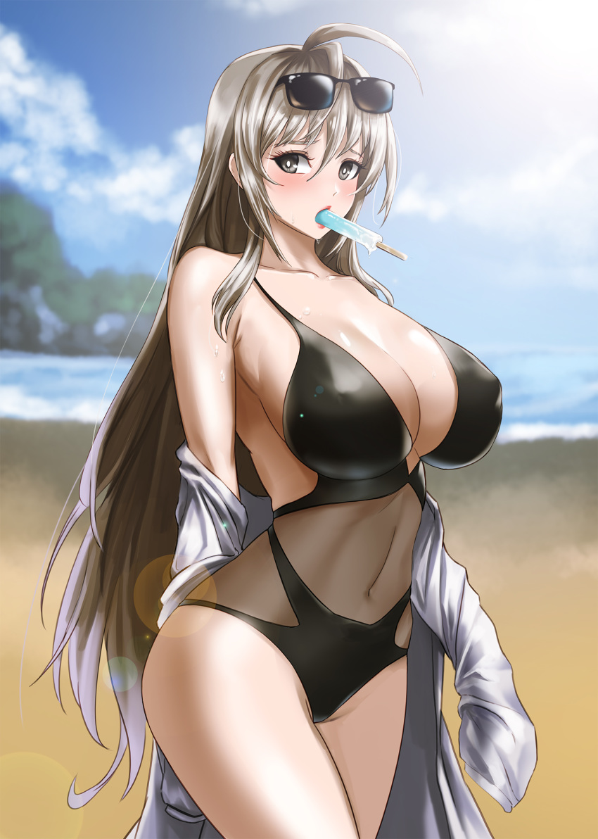 1girl ahoge bare_shoulders beach blonde_hair blush breasts brown_dust brown_eyes collarbone commentary_request covered_nipples curvy eyewear_on_head food highres huge_breasts kibellin long_hair looking_at_viewer mouth_hold popsicle solo sunglasses sweat thighs very_long_hair wide_hips