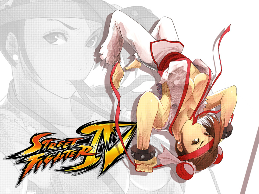 1girl adapted_costume alternate_costume arvin_albo bangs bare_arms bare_shoulders barefoot bracelet breasts brown_eyes brown_hair bun_cover capcom chun-li cleavage commentary_request cosplay crossdressing double_bun dougi earrings full_body greyscale headband image_background jewelry large_breasts logo long_hair looking_at_viewer monochrome red_headband ryuu_(street_fighter) ryuu_(street_fighter)_(cosplay) sash simple_background solo spiked_bracelet spikes street_fighter street_fighter_iv_(series) upside-down white_background