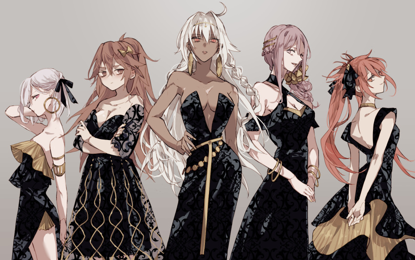 5girls back bangs bare_shoulders black_dress braid breasts brown_hair cleavage collarbone crossed_arms dark_skin dress earrings fate/grand_order fate_(series) hair_ribbon highres hoop_earrings jewelry jinako_carigiri kama_(fate/grand_order) lakshmibai_(fate/grand_order) large_breasts long_hair looking_at_viewer matou_sakura medium_breasts multiple_girls parvati_(fate/grand_order) ponytail purple_eyes purple_hair red_eyes red_hair ribbon sakuramochi1003 short_hair side_braids side_ponytail silver_hair sita_(fate/grand_order) small_breasts twin_braids twintails white_hair