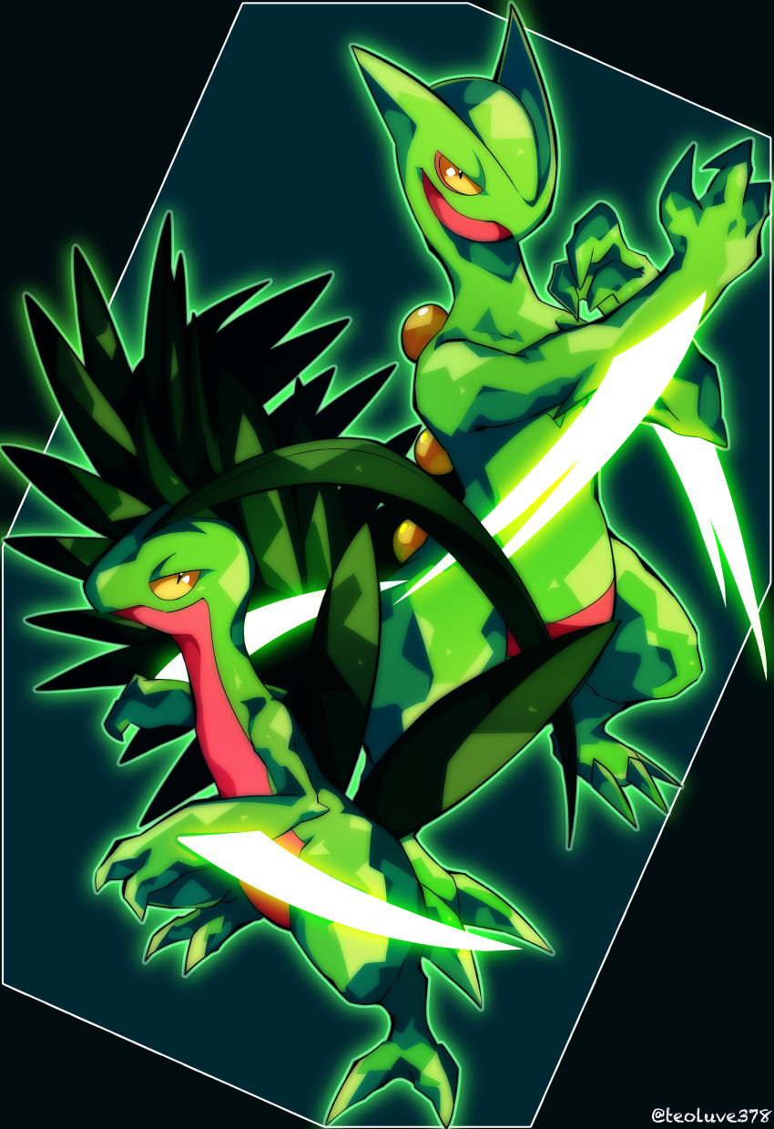 2020 2_fingers 2_toes 3_fingers 3_toes absurd_res alternate_version_at_source attack claws duo fingers green_body grovyle hi_res leaf nintendo pok&eacute;mon pok&eacute;mon_(species) red_body reptile scalie sceptile signature smile teoluve378 toe_claws toes video_games yellow_sclera