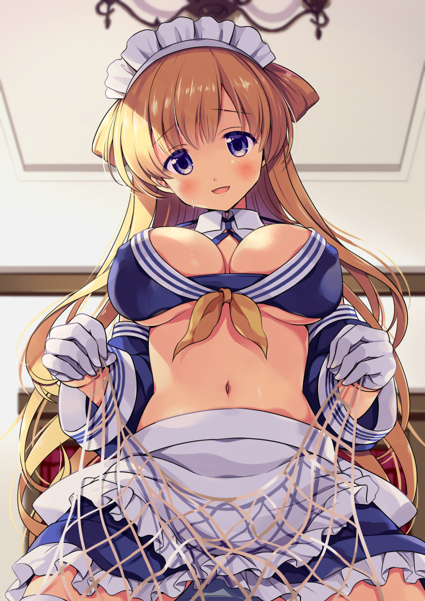 1girl absurdres adapted_costume alternate_costume apron bikini blonde_hair blue_bikini blue_eyes blush breasts cargo_net cleavage collar covered_nipples double_bun enmaided fanbox_reward fletcher_(kantai_collection) frills highres kantai_collection large_breasts long_hair maid maid_apron maid_dress maid_headdress navel net odawara_hakone off_shoulder paid_reward ribbon skirt swimsuit white_apron white_collar yellow_ribbon