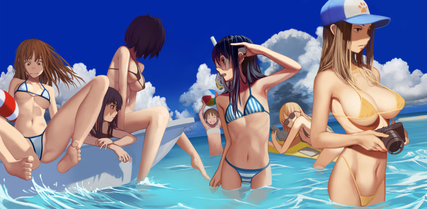 6+girls absurdres armpits ball bangs baseball_cap beach beachball bikini black_bikini black_hair blonde_hair blue_headwear blue_sky boat book breasts brown_eyes brown_hair camera closed_eyes closed_mouth cloud commentary_request diving_mask expressionless flat_chest hat highleg highleg_bikini highres holding holding_camera inflatable_raft jumping kudiramochi large_breasts lifebuoy long_hair looking_to_the_side medium_breasts multiple_girls navel ocean open_mouth original partially_submerged paw_print short_hair sitting sky slingshot_swimsuit small_breasts smile snorkel standing strap_gap string_bikini striped striped_bikini sunglasses swimsuit toes water watercraft waves white_bikini yellow_bikini