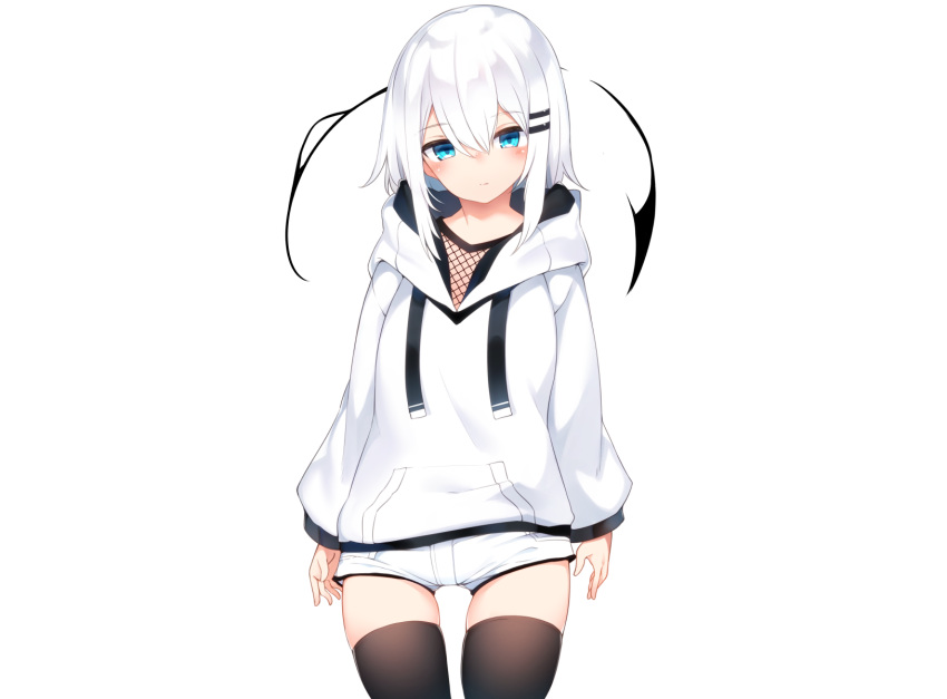 aliasing aqua_eyes blush hoodie original otokuyou ringo-chan_(otokuyou) short_hair shorts thighhighs white white_hair zettai_ryouiki