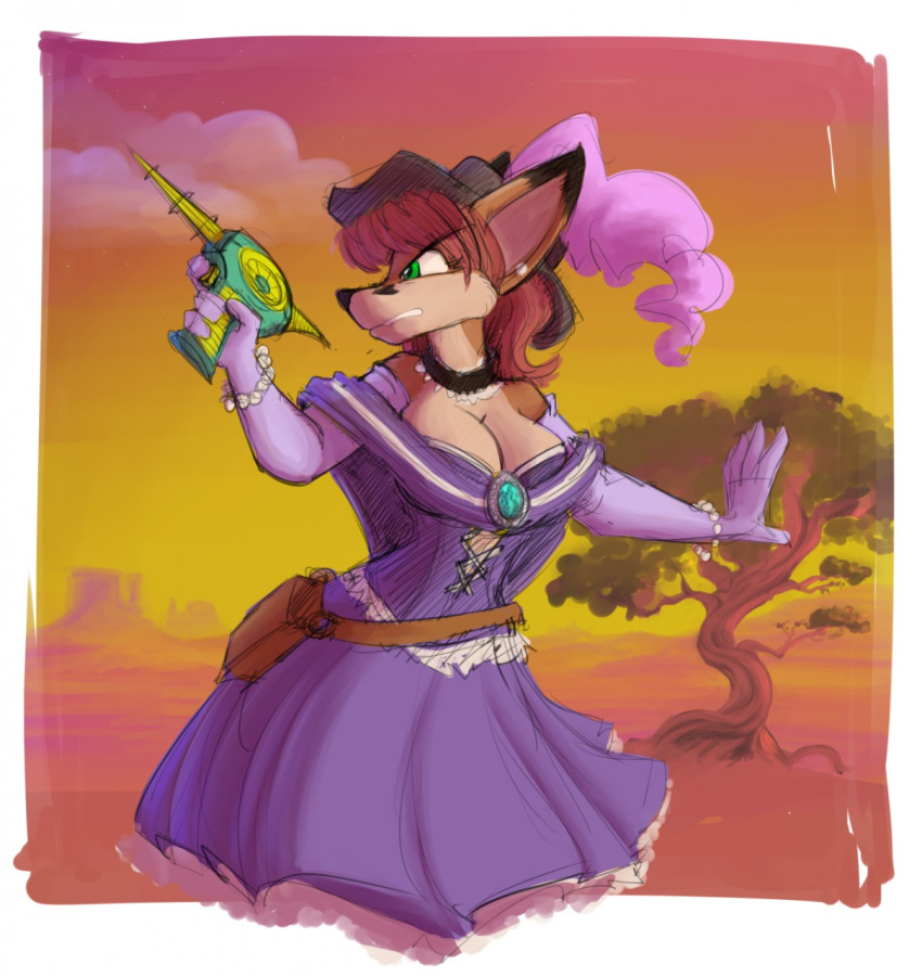 2016 angry anthro breasts canid choker cleavage clothed clothing dress female gloves green_eyes hair handwear hat headgear headwear hi_res jewelry laser_gun mammal necklace outside purple_clothing purple_dress ranged_weapon solo tgwonder tree weapon