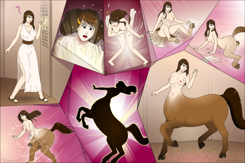 2020 3:2 ? black_border border breasts brown_body brown_hair centaur clothing digital_media_(artwork) english_text equid equid_taur equine european_mythology exposed_breasts female footwear greek_mythology hair hi_res human human_to_taur magic mammal mammal_taur mythology nipples nude phantom_inker sandals sequence solo surprise taur text torn_clothing transformation transformation_sequence url