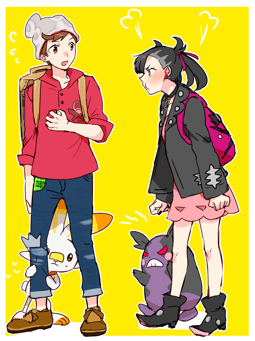 1boy 1girl angry asymmetrical_bangs bangs black_footwear black_hair black_jacket black_nails blue_eyes blue_pants blush border brown_backpack brown_eyes brown_footwear brown_hair clenched_hands denim dress earrings gen_8_pokemon highres hinata_(ryohinata) holding holding_poke_ball jacket jeans jewelry mary_(pokemon) masaru_(pokemon) medium_hair morpeko morpeko_(hangry) pants pink_backpack pink_dress poke_ball pokemon pokemon_(game) pokemon_swsh red_shirt scorbunny shirt short_dress twintails white_border yellow_background