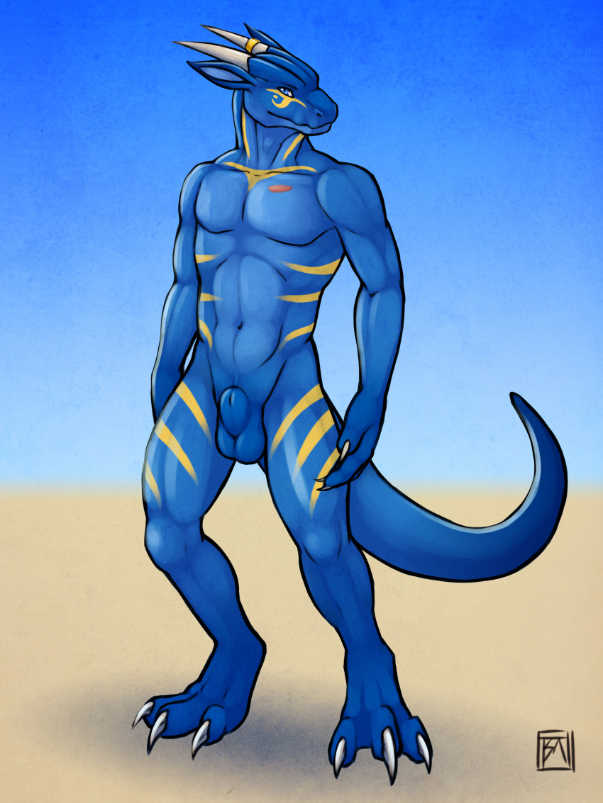 2012 3:4 3_toes abs absurd_res animal_genitalia anthro athletic balls barefoot biped blue_balls blue_body blue_eyes blue_scales blue_sheath blue_sky blue_tail claws digital_media_(artwork) digitigrade dragon fingers front_view full-length_portrait fully_sheathed genitals hi_res horn horn_ring looking_at_viewer male multicolored_body multicolored_scales navel nude outside pecs portrait sand scales scalie sektoth sharp_claws sheath sky solo standing striped_body striped_scales stripes toe_claws toes tsaiwolf two_tone_body two_tone_scales white_claws white_horn yellow_body yellow_scales yellow_stripes