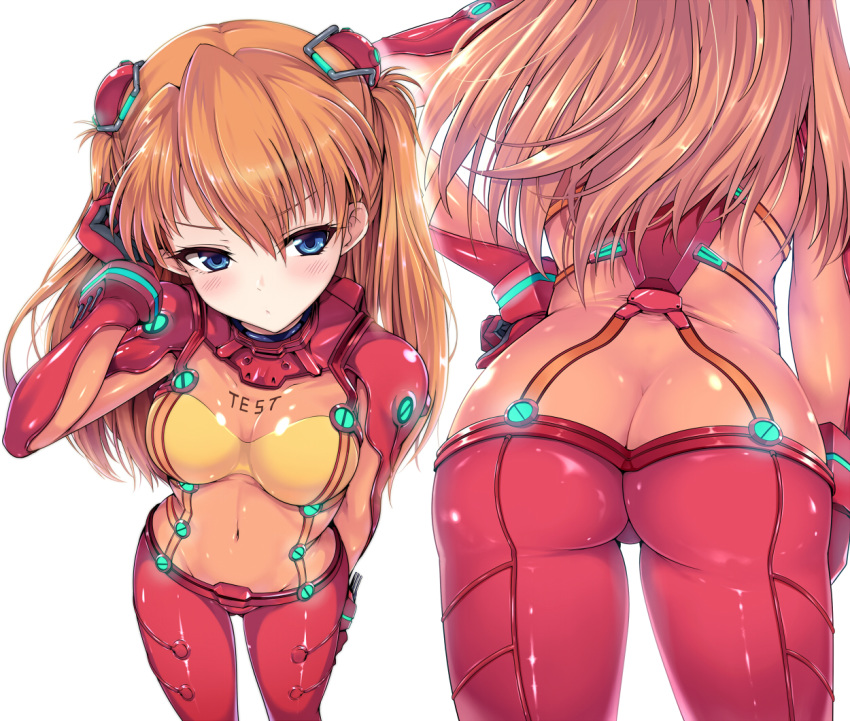 1girl ass bangs blush bodysuit breasts cleavage closed_mouth covered_navel eyebrows_visible_through_hair from_above from_behind frown interface_headset kasai_shin long_hair medium_breasts multicolored multicolored_bodysuit multicolored_clothes multiple_views navel neon_genesis_evangelion orange_bodysuit pilot_suit plugsuit rebuild_of_evangelion red_bodysuit shikinami_asuka_langley solo souryuu_asuka_langley standing test_plugsuit