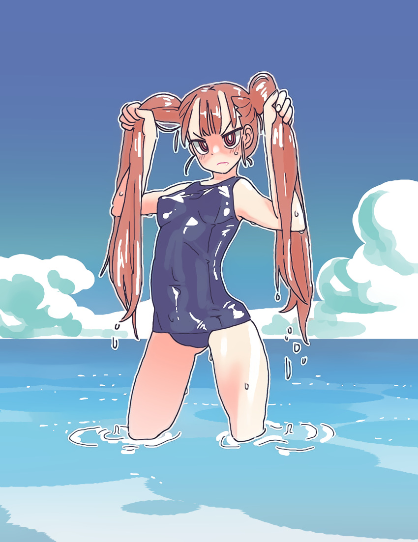 1girl arms_up beach blue_sky blush brown_hair closed_mouth cloud covered_navel covered_nipples dripping fang fingernails gomaeng highres outdoors partially_submerged pink_eyes shiny shiny_skin sky solo standing swimsuit twintails ueno-san_wa_bukiyou ueno_(ueno-san_wa_bukiyou) water wet