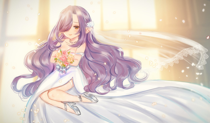 1girl bare_shoulders binik_ex blush bouquet breasts bridal_veil brown_eyes cleavage collarbone dress flower granblue_fantasy harvin high_heels highres long_hair medium_breasts nio_(granblue_fantasy) pointy_ears purple_hair smile solo veil very_long_hair wavy_hair wedding_dress