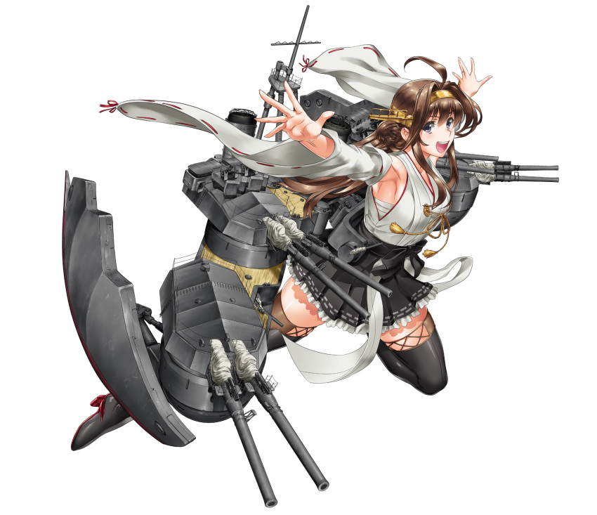 1girl ahoge black_skirt boots brown_hair byeontae_jagga cannon detached_sleeves double_bun frilled_skirt frills graphite_(medium) hairband headgear highres japanese_clothes kantai_collection kongou_(kantai_collection) long_hair nontraditional_miko pleated_skirt purple_eyes remodel_(kantai_collection) ribbon-trimmed_sleeves ribbon_trim rigging sarashi simple_background skirt smokestack solo thigh_boots thighhighs traditional_media turret white_background wide_sleeves