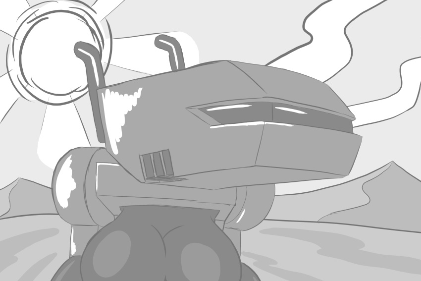 2020 3:2 animate_inanimate breasts cloud desert digital_media_(artwork) female greyscale greyscale_background hi_res landscape looking_aside machine monochrome not_furry nude psychpsy psychpsyo robot solo sun