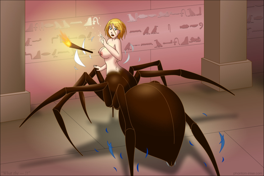 2019 arachnid arachnid_taur arthropod arthropod_abdomen arthropod_taur black_border blonde_hair border breasts clothing female hair heiroglyphs hi_res nipples nude phantom_inker solo spider spider_taur taur torch torn_clothing transformation