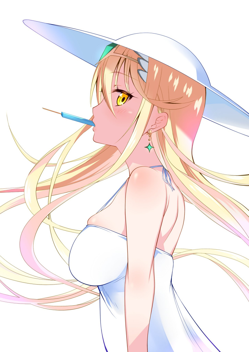 alternate_costume bangs bare_arms bare_shoulders blonde_hair breasts daive dress food from_side gem hat highres hikari_(xenoblade_2) large_breasts long_hair popsicle profile simple_background skindentation sun_hat sundress swept_bangs upper_body white_background white_dress white_headwear xenoblade_(series) xenoblade_2 yellow_eyes