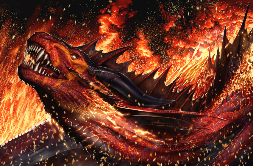 2020 aaros ambiguous_gender digital_media_(artwork) dragon feral fire hi_res horn membrane_(anatomy) membranous_wings open_mouth red_body red_scales scales smooth_horn solo spines teeth tongue wings wyvern