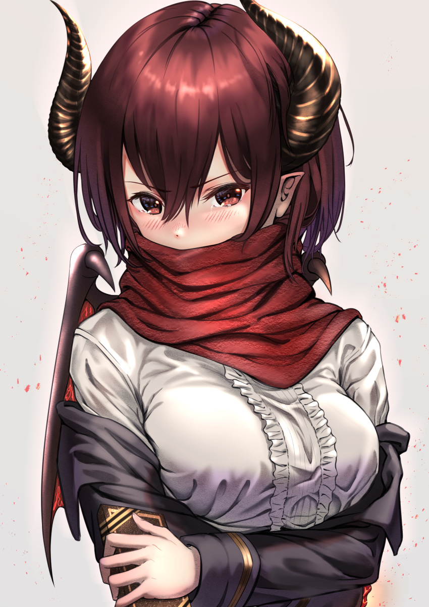 1girl 910_kud absurdres black_jacket blush breasts commentary_request dragon_horns dragon_wings granblue_fantasy grea_(shingeki_no_bahamut) grey_background hair_between_eyes highres horns jacket large_breasts pointy_ears purple_hair red_eyes red_scarf scarf scarf_over_mouth shirt solo upper_body valentine white_shirt wings