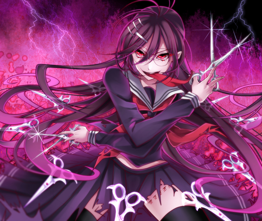 1girl black_hair braid commentary_request danganronpa eyebrows_visible_through_hair fukawa_touko genocider_shou glasses hair_between_eyes hair_ornament hairclip haruki_sato highres holding holding_scissors long_hair long_tongue looking_at_viewer pink_blood red_eyes sailor_collar school_uniform scissors serafuku skirt smile tongue tongue_out torn_clothes torn_skirt twin_braids upper_teeth