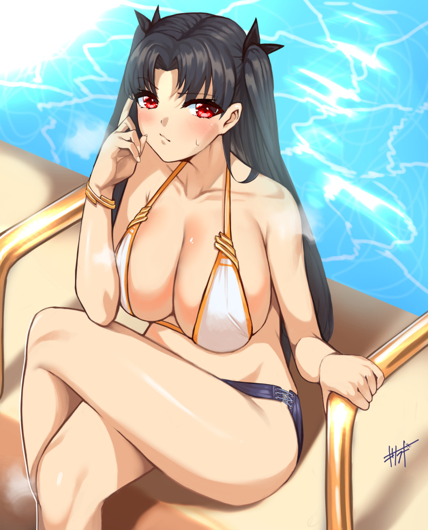 1girl bangs bare_shoulders bikini black_hair breasts cleavage closed_mouth collarbone crossed_legs fate/grand_order fate_(series) highres ishtar_(fate)_(all) ishtar_(fate/grand_order) kisaragi_(legobionicle23) large_breasts long_hair looking_at_viewer parted_bangs pool poolside red_eyes sitting swimsuit thighs two_side_up water