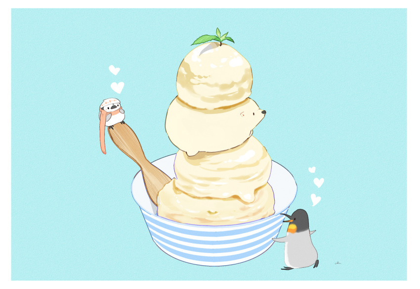 artist_name bear bird blue_background border chai commentary_request food head highres ice_cream mint no_humans original penguin scarf simple_background sitting_on_food wooden_spoon