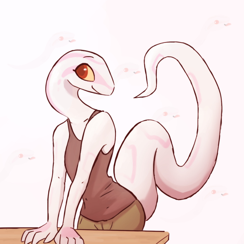 1:1 2020 albino albino_snake_girlfriend anthro clothed clothing colubrid corn_snake enginetrap female fully_clothed hi_res lampropeltini pink_body rat_snake reptile scalie shirt smile snake solo tank_top topwear white_body