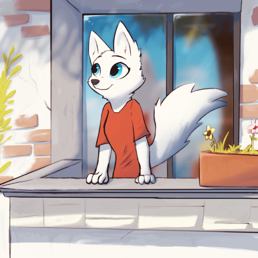 1:1 anthro arctic_fox balcony black_nose blue_eyes canid canine cheek_tuft clothed clothing detailed_background disney enginetrap facial_tuft female fox fur glass head_tuft hi_res light lighting mammal neck_tuft outside plant potted_plant shirt skye_(zootopia) smile solo sunlight t-shirt topwear tuft white_body white_fur window zootopia