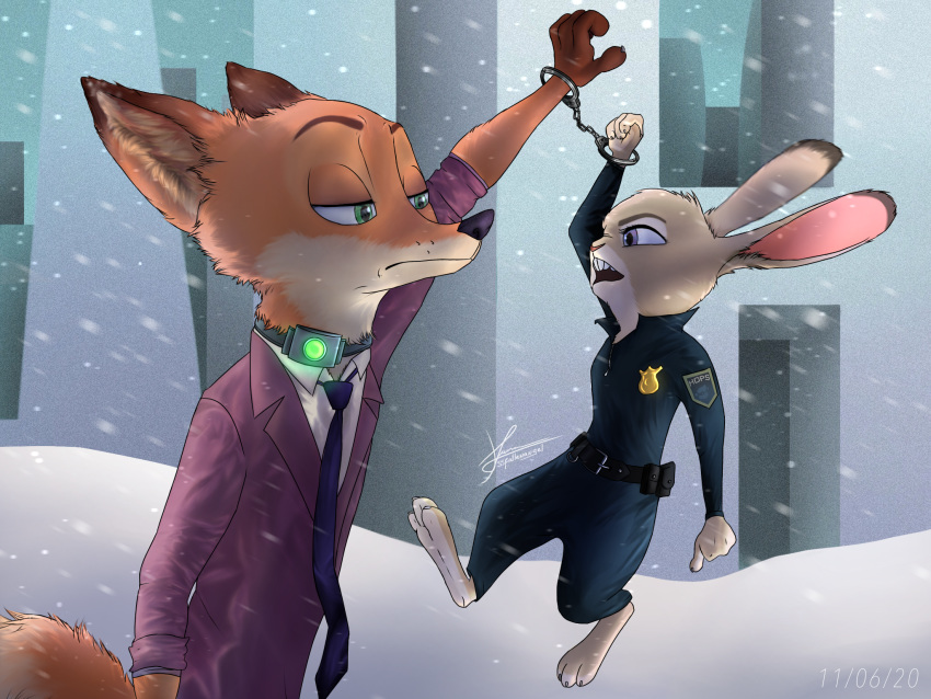 2020 4:3 anthro badge barefoot belt building canid canine clothed clothing collar disney duo eye_contact fox fully_clothed fur green_eyes grey_body grey_fur handcuffed hi_res judy_hopps lagomorph leporid looking_at_another mammal necktie nick_wilde orange_body orange_fur outside police_uniform purple_eyes rabbit red_fox shirt shock_collar snow snowing ssfallenangel topwear uniform zistopia zootopia