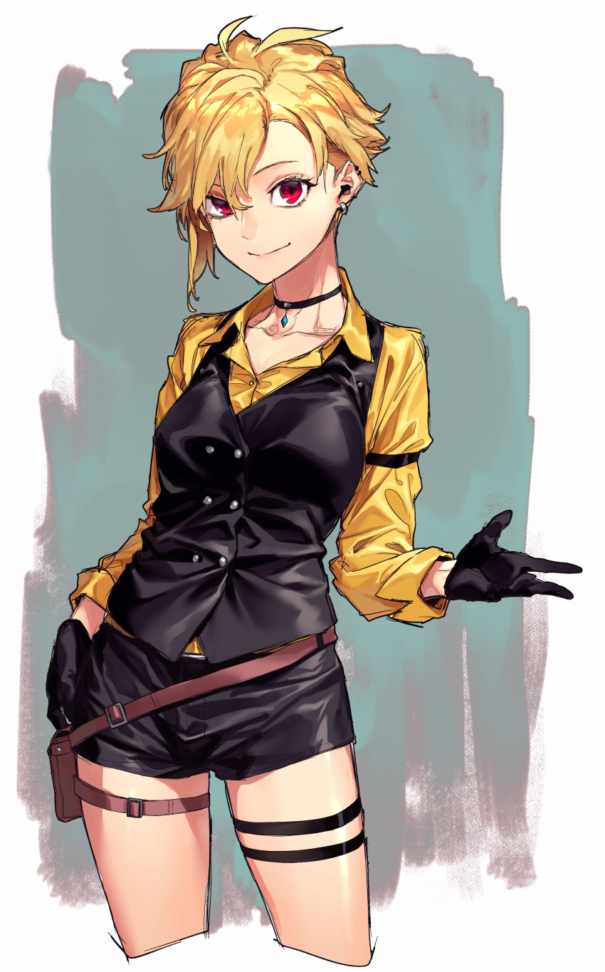 1girl absurdres antenna_hair bangs black_choker black_gloves black_shorts black_sweater_vest blonde_hair breasts choker collarbone commentary_request cowboy_shot cropped_legs earrings gem gloves highres jewelry long_sleeves looking_at_viewer medium_breasts original red_eyes reiga_(act000) shirt short_hair short_shorts shorts smile solo sweater_vest thigh_strap yellow_shirt