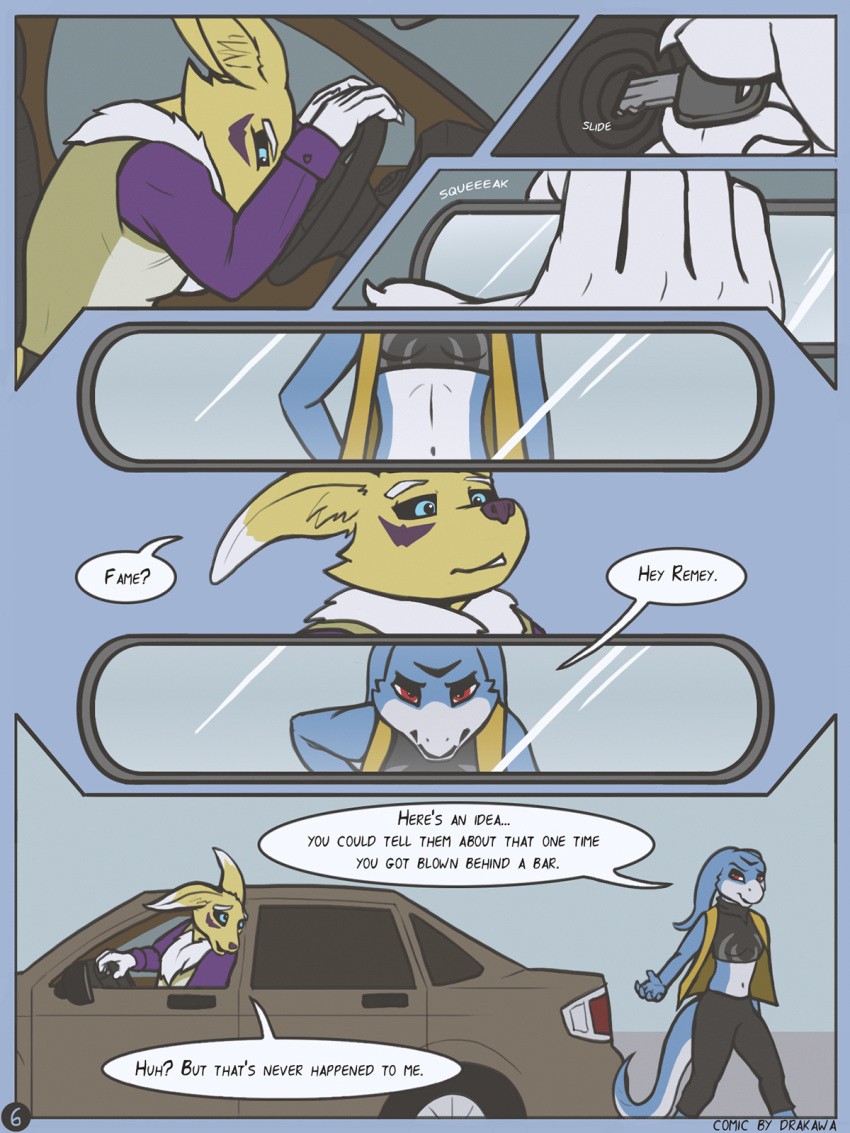 3:4 anthro belly black_bottomwear black_clothing black_pants blue_body bottomwear canid canine car car_keys clothing comic dialogue digimon digimon_(species) dragon drakawa female flamedramon fox fur hi_res male mammal pants purple_clothing purple_shirt purple_topwear rearview_mirror renamon scalie shirt steering_wheel topwear vehicle walking white_belly yellow_body yellow_fur yellow_vest