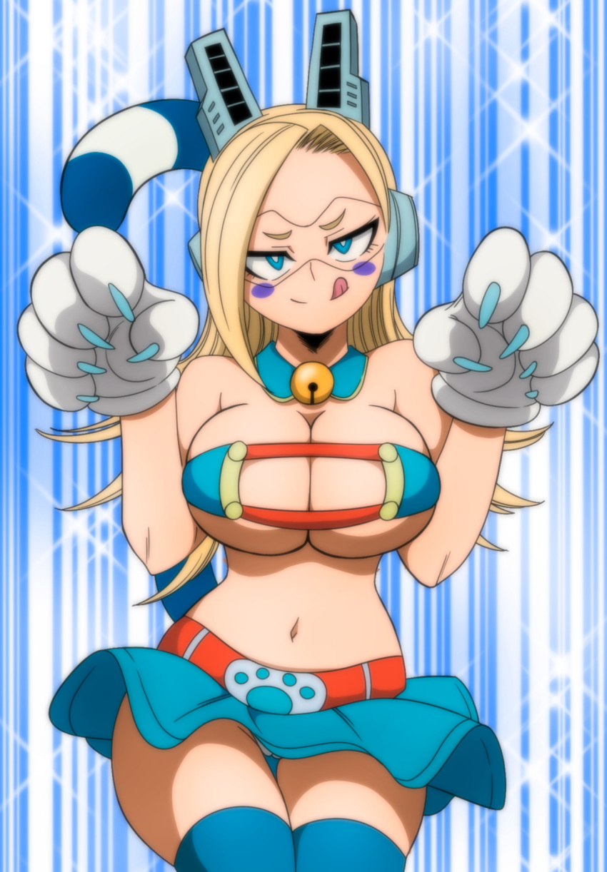 1girl bell bell_collar blonde_hair blue_background blue_eyes blue_legwear blush_stickers boku_no_hero_academia breasts cat_tail claw_pose cleavage collar detached_collar hands_up headgear highres large_breasts legs_together licking_lips long_hair looking_at_viewer miniskirt navel panties paw_print skirt smile solo sparkle_background tail thigh_gap thighhighs thighs tongue tongue_out tsuchikawa_ryuuko underboob underwear white_panties wind wind_lift yamamoto_doujin