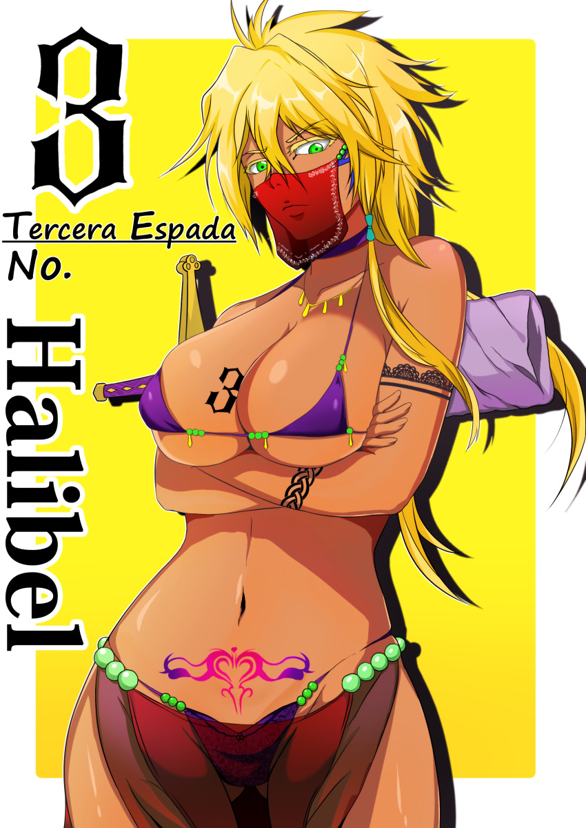 1girl absurdres alternate_costume bikini bleach blonde_hair border breast_tattoo breasts character_name cleavage collarbone crossed_arms facial_mark green_eyes highres komangbeuli large_breasts loincloth long_hair mask mouth_mask navel pubic_tattoo purple_bikini see-through solo swimsuit sword tattoo tier_harribel weapon white_border yellow_background