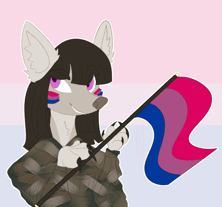 anthro bisexual_pride_colors bodypaint camo_topwear claws face_paint fur grey_body grey_fur hi_res hime_cut holding_flag holding_object lgbt_pride looking_away luckylacrimosa male matija pride_colors purple_eyes smile solo