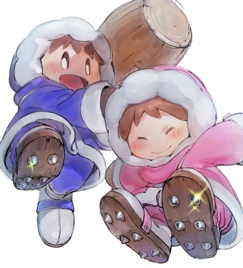 1boy 1girl :d blush brown_hair closed_eyes commentary_request glint highres holding holding_hammer home_(houmei) ice_climber looking_at_viewer nana_(ice_climber) open_mouth parka popo_(ice_climber) simple_background smile super_smash_bros. white_background