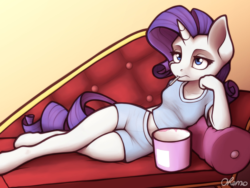 4:3 anthro bottomwear chair clothing dessert equid equine female food friendship_is_magic furniture hi_res hooves horn ice_cream lounge_chair mammal midriff my_little_pony ohemo pillow rarity_(mlp) shirt shorts solo spoon_in_mouth topwear unicorn