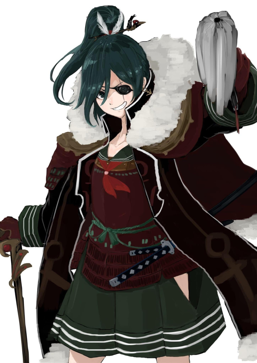 alternate_costume armor arrow_(projectile) cane coat epaulettes eyepatch highres japanese_armor katana murasa_minamitsu ponytail red_neckwear solo solo_focus sword touhou walking_stick weapon