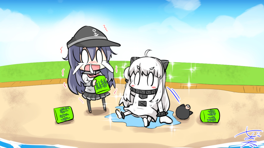 2girls ahoge akatsuki_(kantai_collection) anchor_symbol artist_name bangs black_legwear blush bucket chibi cloud commentary_request doubutsu_no_mori hair_between_eyes hat holding holding_bucket kantai_collection lawn long_hair long_sleeves looking_at_viewer multiple_girls northern_ocean_hime nyonyonba_tarou open_mouth outdoors purple_hair repair_bucket school_uniform shinkaisei-kan sitting_on_water skirt sky standing striped water