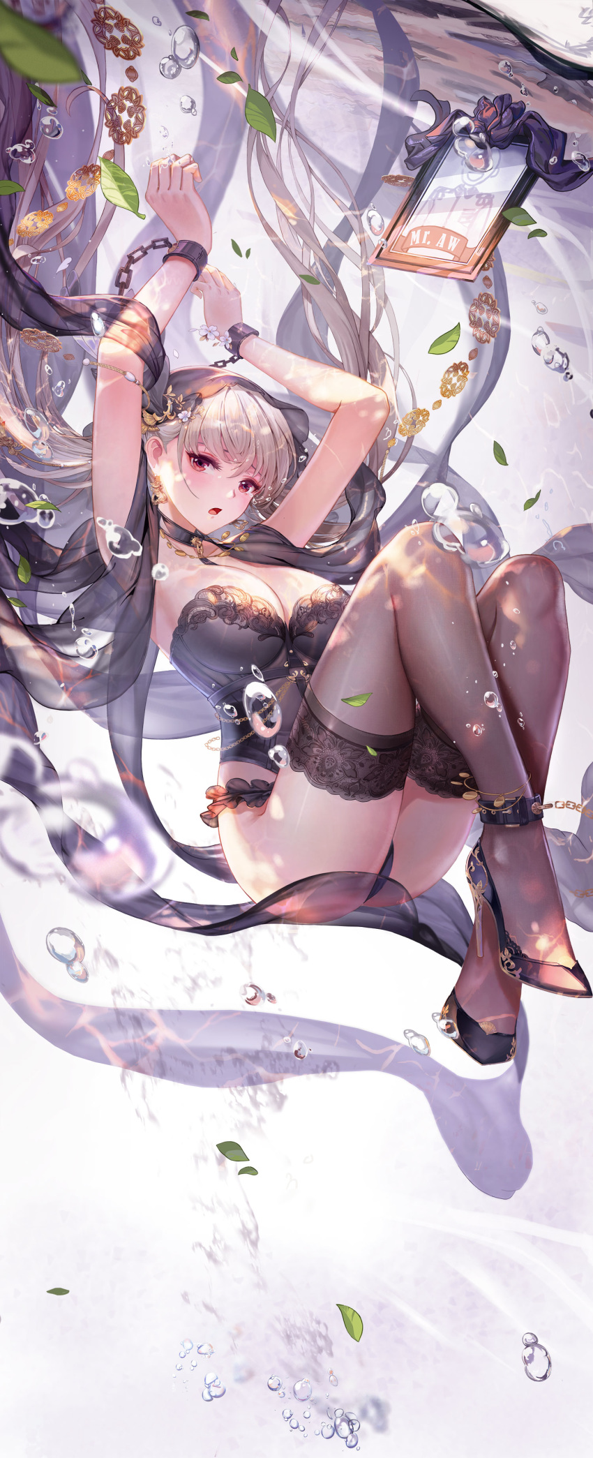 1girl absurdres air_bubble anklet arms_up azur_lane bangs between_breasts black_footwear black_legwear black_panties breasts bubble chain cleavage coin_(ornament) collar commentary_request cuffs d-zhai dappled_sunlight earrings embroidery flower formidable_(azur_lane) frills full_body hair_ornament handcuffs high_heels highres iei jewelry lace lace-trimmed_legwear leaf lingerie long_hair necklace open_mouth panties red_eyes see-through shawl silver_hair solo strapless submerged sunlight thighhighs twintails underwear underwear_only veil very_long_hair white_flower