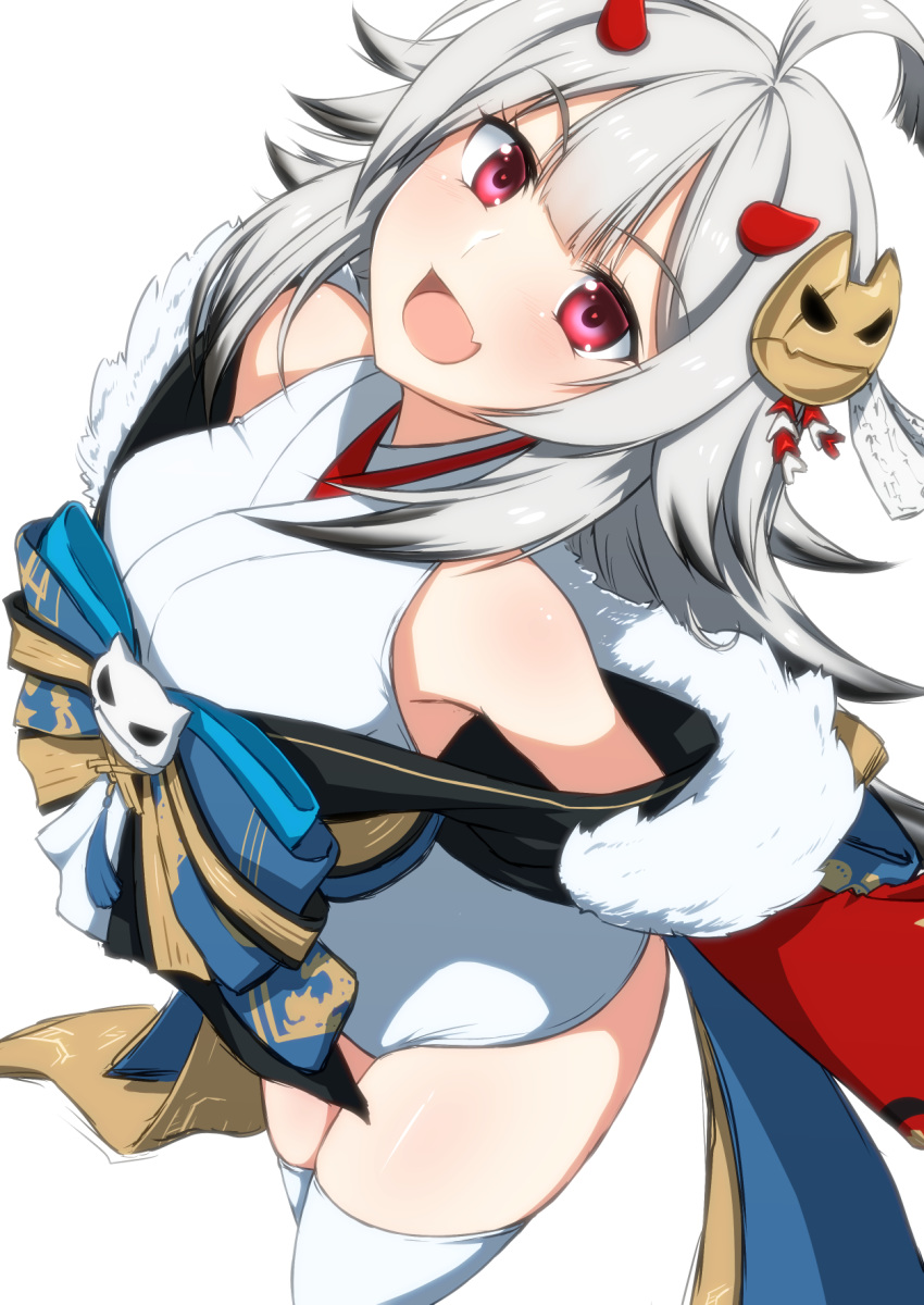 1girl :d ahoge azur_lane commentary_request grey_hair hair_ornament hibiki_(azur_lane) hibiki_(new_year's_little_imp)_(azur_lane) highres horns japanese_clothes koutarou_(plusdrive) looking_at_viewer open_mouth red_eyes red_horns simple_background smile solo thighhighs white_background white_legwear