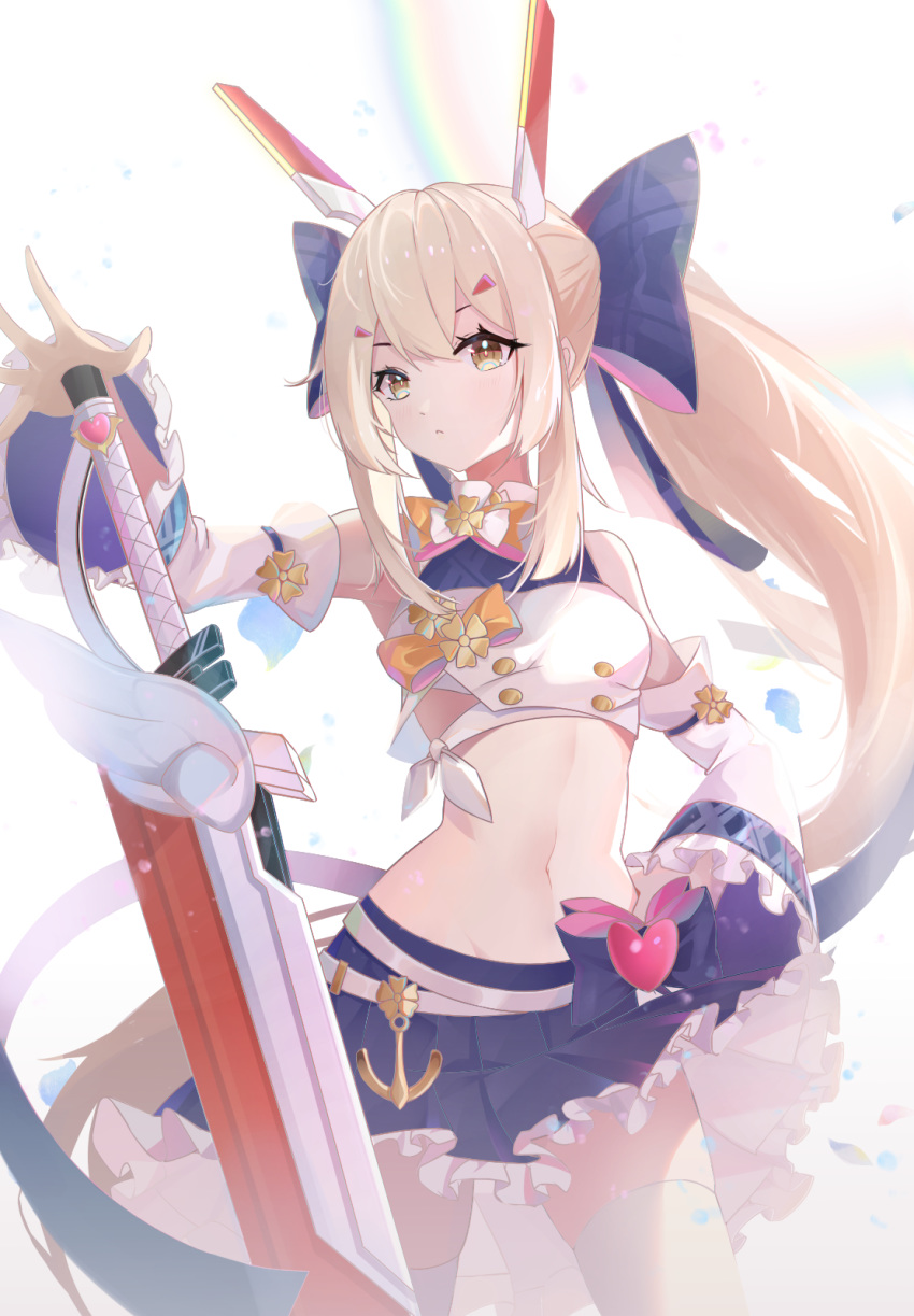 1girl :&lt; anchor_symbol armpits ayanami_(azur_lane) ayanami_(troubled_star_idol)_(azur_lane) azur_lane bangs bare_shoulders belt blue_bow blue_skirt bow breasts buttons commentary_request cowboy_shot crop_top detached_sleeves eyebrows_behind_hair frilled_skirt frills groin hair_between_eyes hair_bow hair_ornament hand_on_hip headgear high_ponytail highres long_hair looking_at_viewer midriff navel plaid plaid_bow planted_sword planted_weapon platinum_blonde_hair pleated_skirt ponytail shimutsuki shirt sidelocks simple_background skindentation skirt small_breasts solo standing sword thighhighs waist_bow weapon white_background white_belt white_legwear white_shirt white_sleeves yellow_eyes zettai_ryouiki