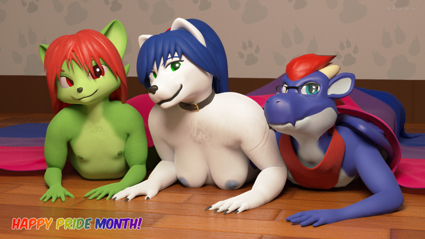 16:9 alon alonwoof anthro bare_sands big_breasts black_nose blue_body blue_eyes blue_hair breasts canid canine canis casual_nudity digital_media_(artwork) dragon female female/female flat_chested fluffy fox fur group hair hi_res lgbt_history_month lgbt_pride lobani long_hair looking_at_viewer male male/female mammal namarenian nipples nude pride_colors red_eyes scales slightly_chubby smile snout soroshi suika_verde video_games white_body white_fur widescreen wolf