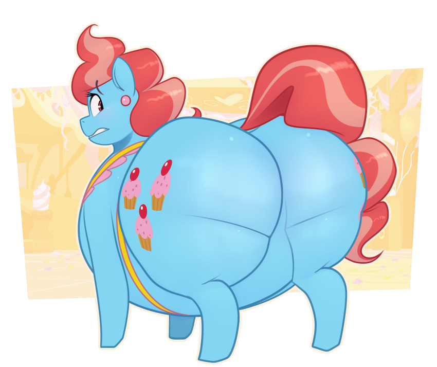 alpha_channel apron apron_only belly big_belly big_butt blue_body blush butt clothing cutie_mark earth_pony equid equine female feral friendship_is_magic hair hi_res horse hyper hyper_belly looking_back mammal mostly_nude mrs._cake_(mlp) my_little_pony obese obese_female overweight overweight_female pink_hair pink_tail pony ridiculouscake solo thick_thighs