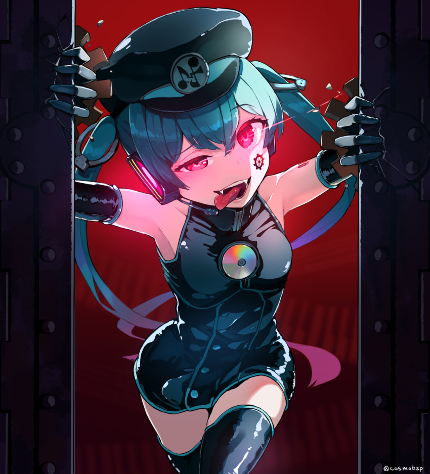 1girl aqua_hair bare_shoulders black_dress black_gloves black_headwear black_legwear cd commentary_request cosmo_(bousoup) cowboy_shot crack dress elbow_gloves facial_tattoo fangs gears gloves glowing glowing_eyes half-closed_eye hat hatsune_miku highres leaning_forward long_hair looking_at_viewer military_hat number_tattoo opening_door piano_keys raised_eyebrow red_background red_eyes sadistic_music_factory_(vocaloid) shiny shiny_clothes shoulder_tattoo sleeveless sleeveless_dress solo tattoo thighhighs tongue tongue_out twintails twitter_username very_long_hair vocaloid zettai_ryouiki