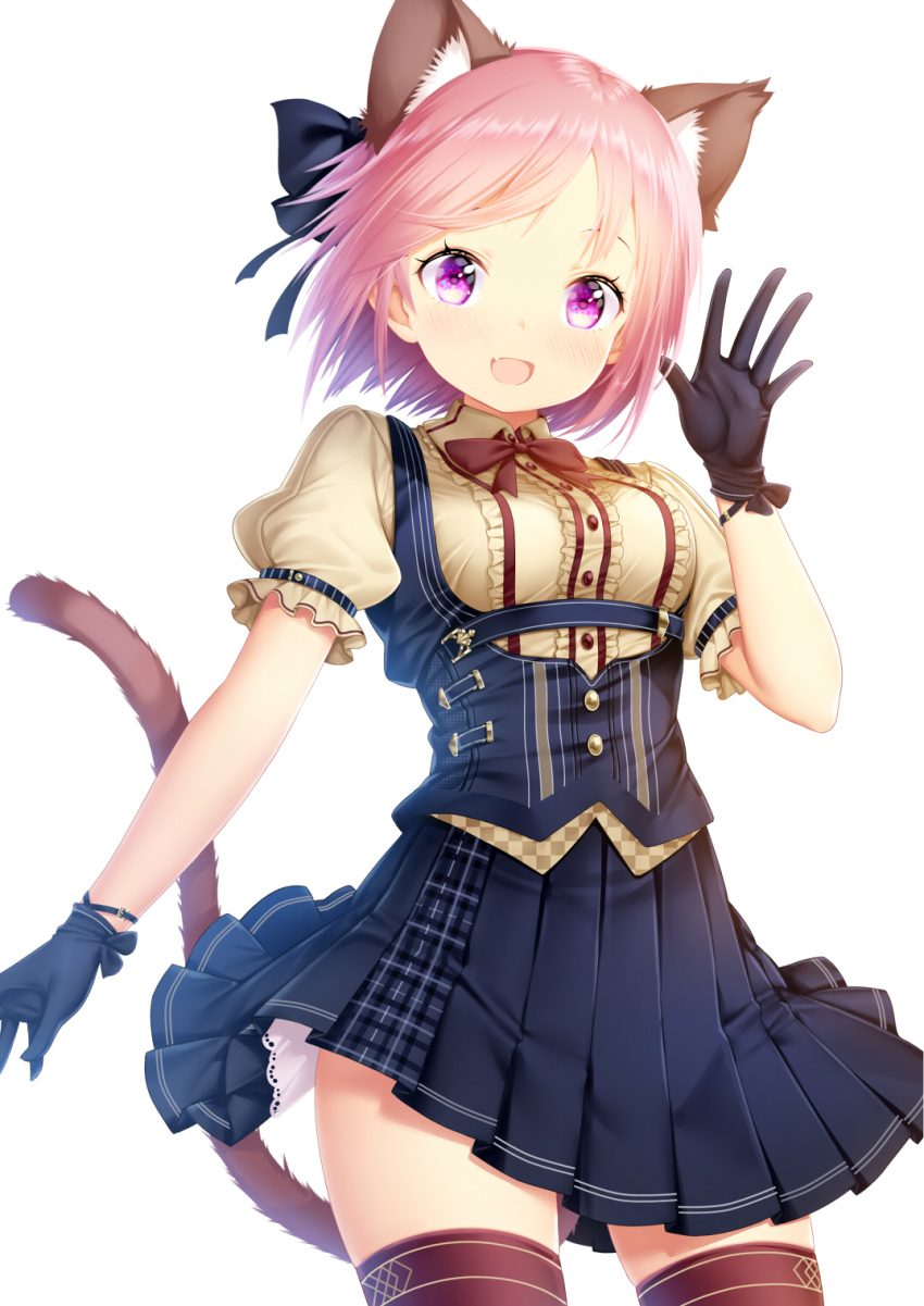 1girl animal_ears bangs black_gloves black_legwear blush breasts cat_ears cat_tail fang frilled_shirt frills gloves highres looking_at_viewer medium_breasts open_mouth original parted_bangs pink_hair pleated_skirt puffy_short_sleeves puffy_sleeves purple_eyes shirt short_hair short_sleeves skirt solo tail thighhighs white_background zizi_(zz22)