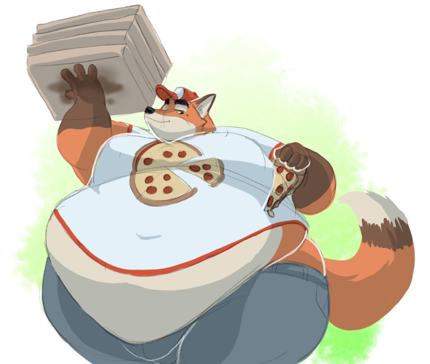 anthro belly big_belly canid canine captainjusticevirtsuoso clothed clothing food fox fur hat headgear headwear holding_food holding_object justicecaptainv love_handles male mammal midriff moobs navel obese obese_male orange_body orange_fur overweight overweight_male pizza pizza_box smile solo thick_thighs white_body white_fur wide_hips